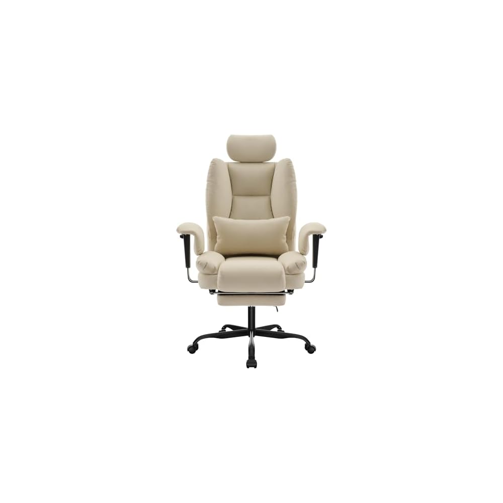 Ergonomic Office Chair, 200 kg Capacity PU Leather Computer Chair with Lumbar Support, Adjustable Headrest, High Backrest, Beige, Ideal for Long Hours
