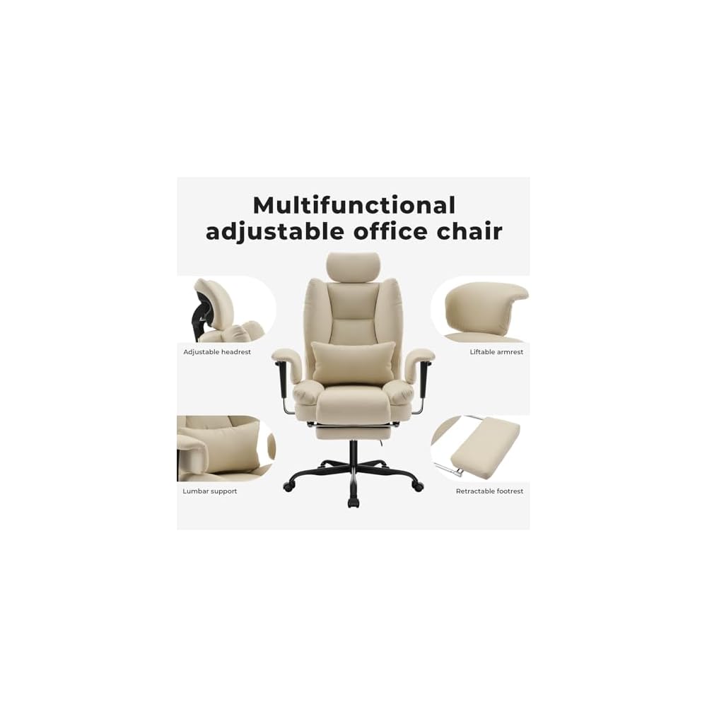 Ergonomic Office Chair, 200 kg Capacity PU Leather Computer Chair with Lumbar Support, Adjustable Headrest, High Backrest, Beige, Ideal for Long Hours
