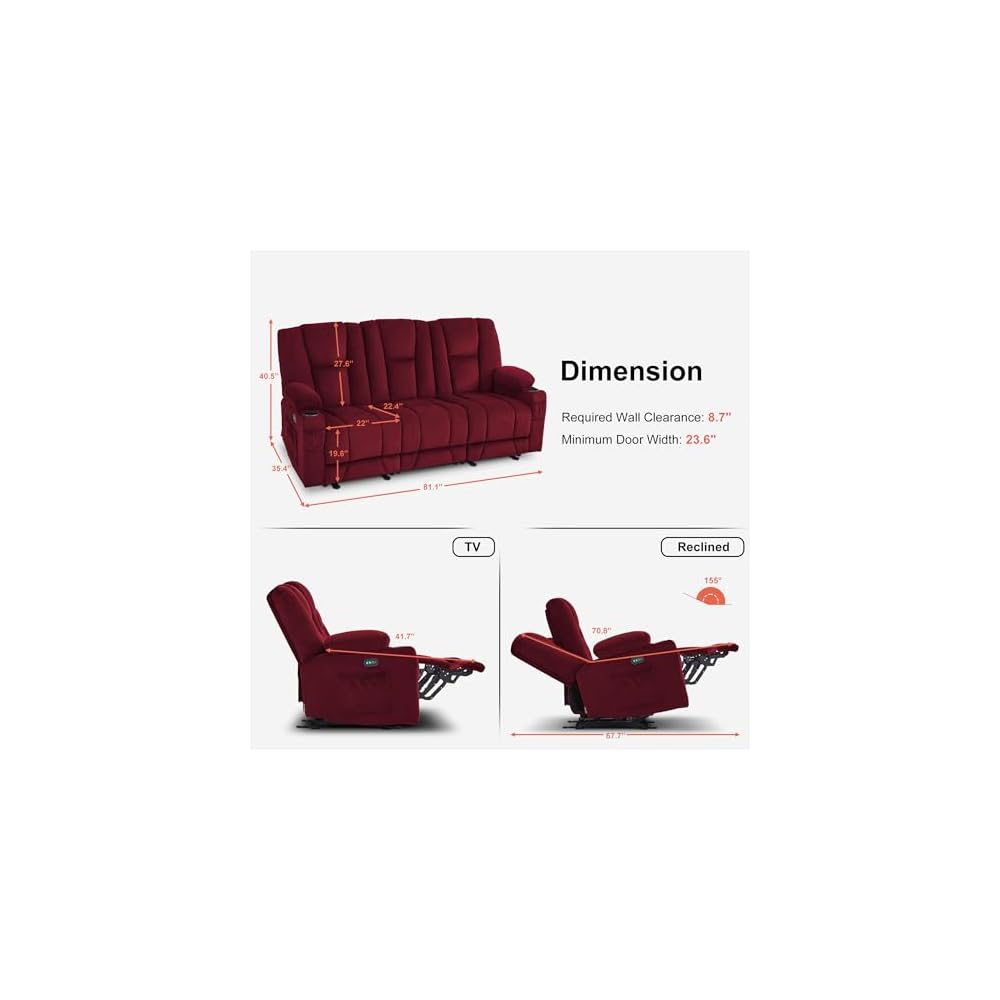 MCombo 81 in 3 Seater Reclining Sofa with Heat and Massage 6034M3 (Red)