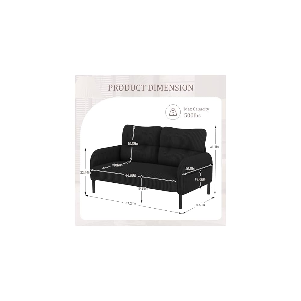 48''Corduroy Loveseat Sofa, Comfy Deep Seats Couch for Living Room(Black)