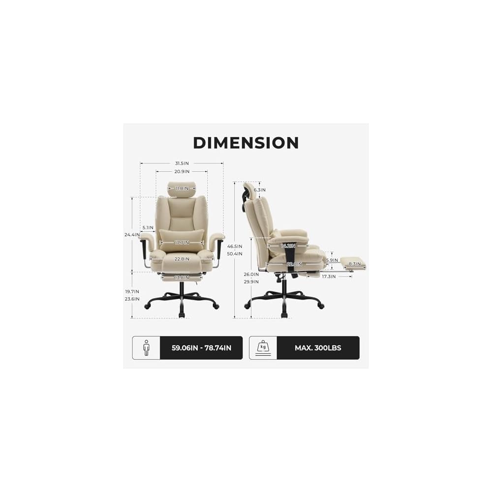 Ergonomic Office Chair, 200 kg Capacity PU Leather Computer Chair with Lumbar Support, Adjustable Headrest, High Backrest, Beige, Ideal for Long Hours
