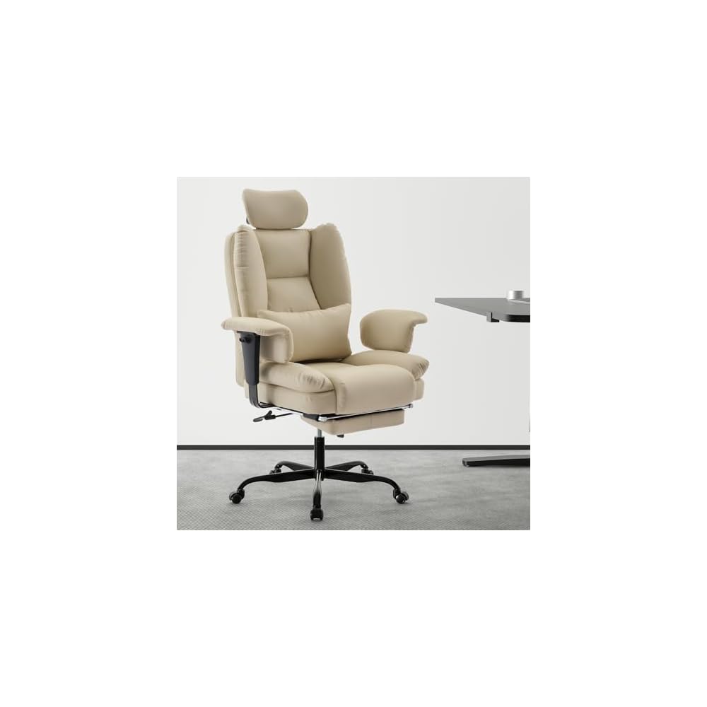 Ergonomic Office Chair, 200 kg Capacity PU Leather Computer Chair with Lumbar Support, Adjustable Headrest, High Backrest, Beige, Ideal for Long Hours