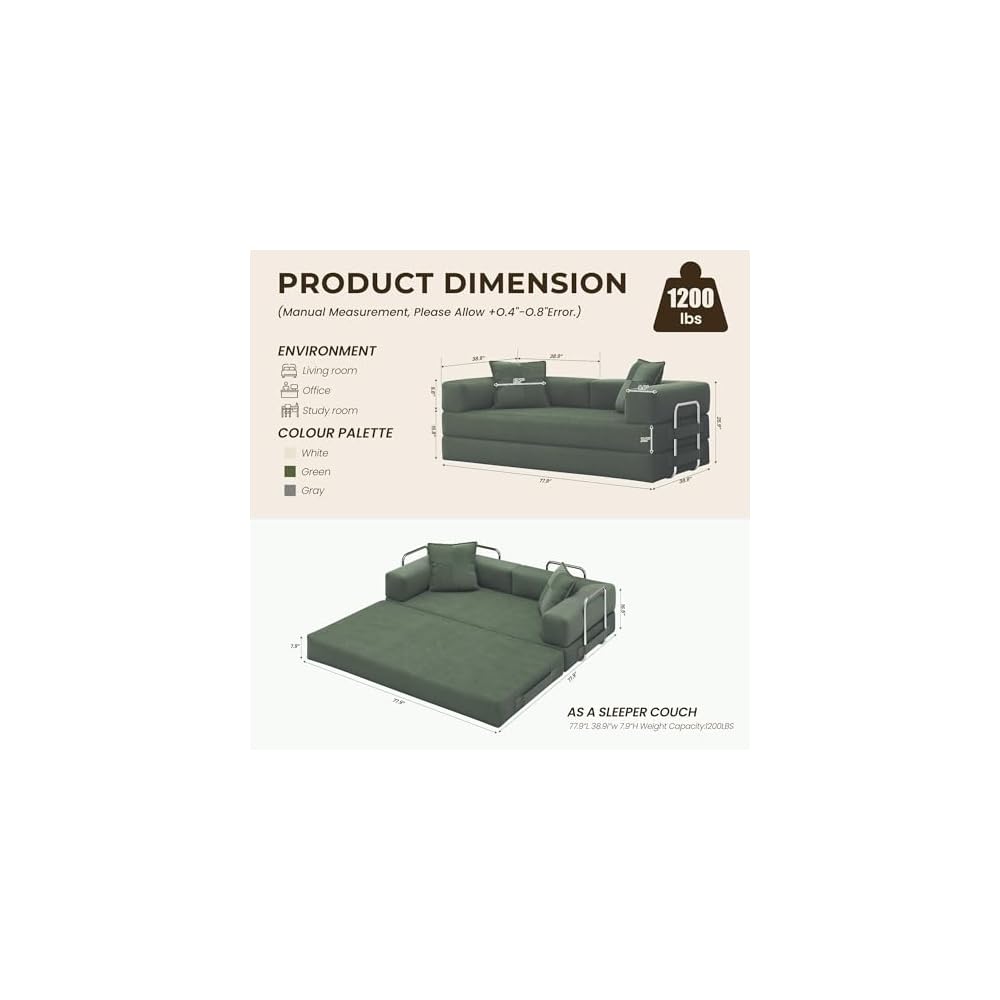 GRUSIGN 78" 5-in-1 Convertible Futon Sofa Bed, Boneless Corduroy, Green