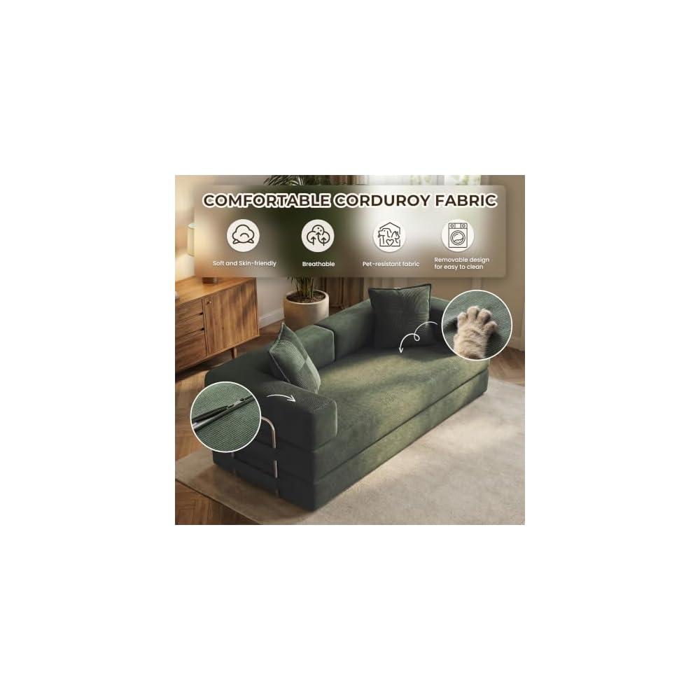 GRUSIGN 78" 5-in-1 Convertible Futon Sofa Bed, Boneless Corduroy, Green