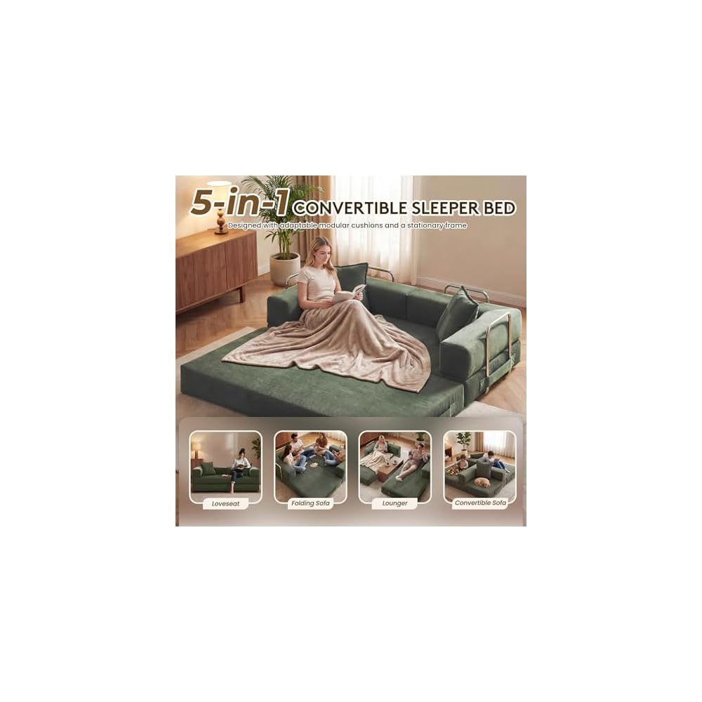 GRUSIGN 78" 5-in-1 Convertible Futon Sofa Bed, Boneless Corduroy, Green