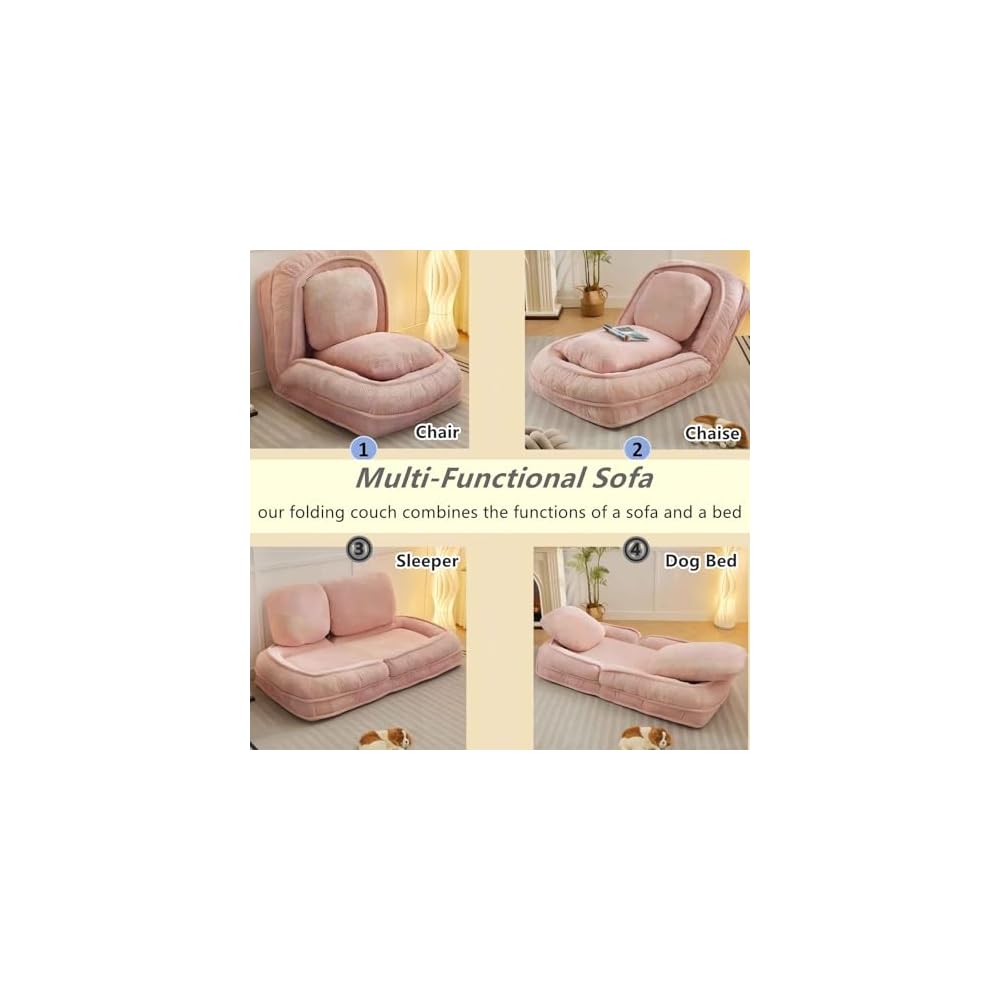 Foldable Lazy Sofa Bed with 5 Levels Adjustable Backrest, Pink
