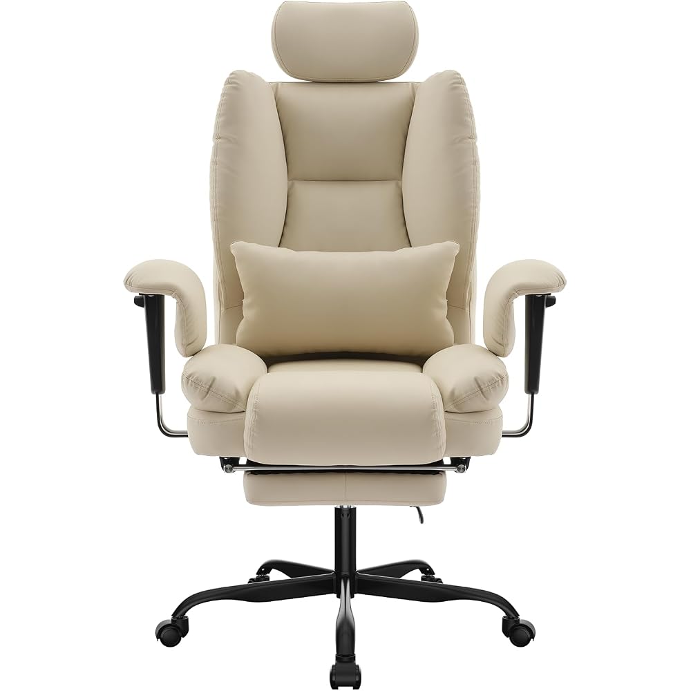 Ergonomic Office Chair, 200 kg Capacity PU Leather Computer Chair with Lumbar Support, Adjustable Headrest, High Backrest, Beige, Ideal for Long Hours