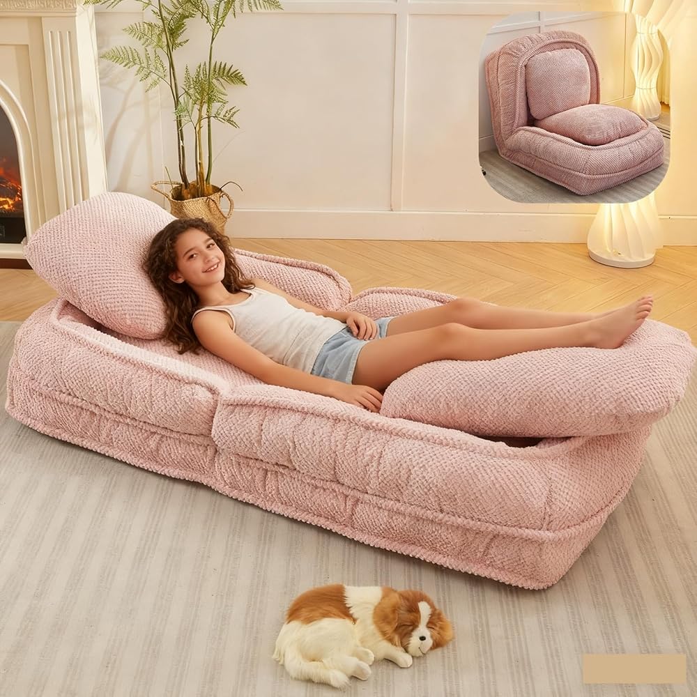 Foldable Lazy Sofa Bed with 5 Levels Adjustable Backrest, Pink